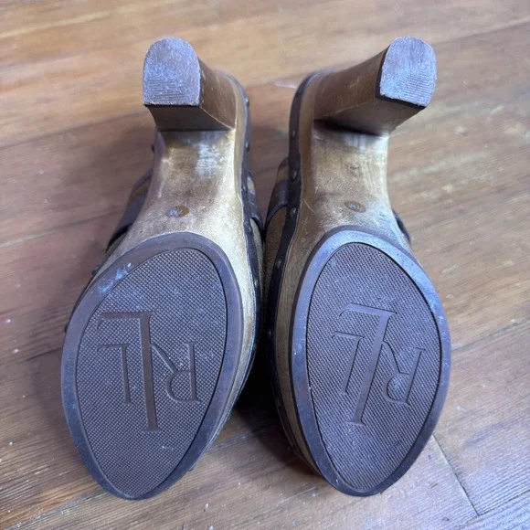 Vintage Y2K Ralph Lauren Brown Suede Studded Clogs Mules Wooden Block Heels 7 M - Picture 7 of 8